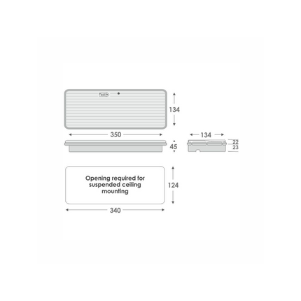 GR-310 LED avārijas apgaismojuma izmēru shēma, 350 × 134 × 45 mm