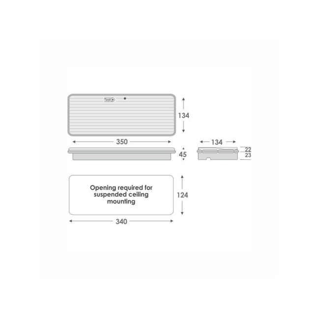 GR-310 LED avārijas apgaismojuma izmēru shēma, 350 × 134 × 45 mm